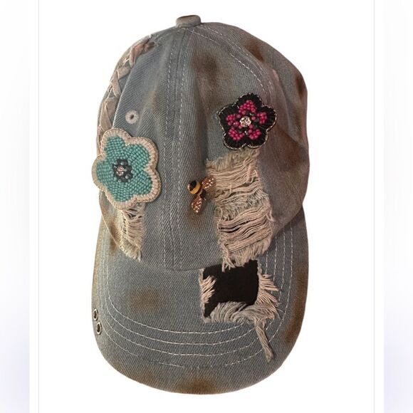"Fancy" Distressed Baseball Cap, Handmade by A Rare Bird - Picture 2 of 3